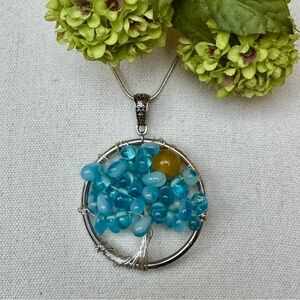 Tree of Life Turquoise Gemstone Beads Pendant Wire Wrapped Silver Chain Necklace